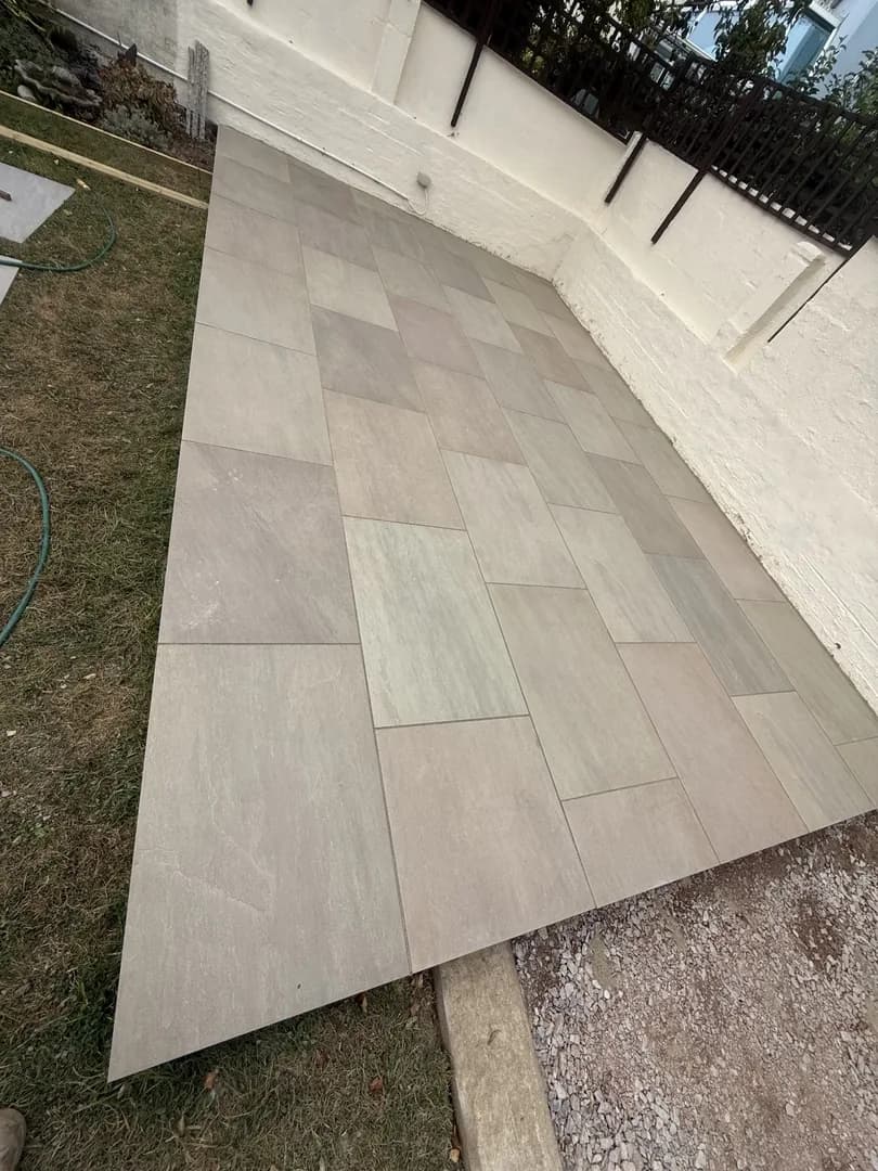 Porcelain patio in side return by Reynolds Brickwork in Swansea