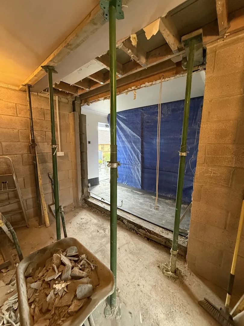 RSJ structural steel with props during renovation by Reynolds Brickwork in Swansea
